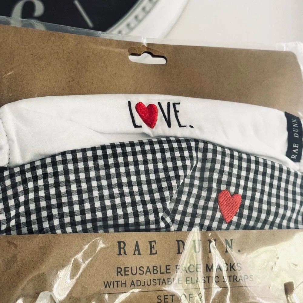 Rae Dunn Reusable Face Masks Adjustable Elastic Strap Set of 2 Love Checkered - Picture 2 of 4